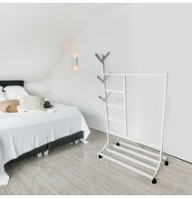 Perchero colgador multiusos con ruedas,  portatil, madera maciza color blanco Perchero colgador multiusos con ruedas,  portatil, madera maciza color blanco