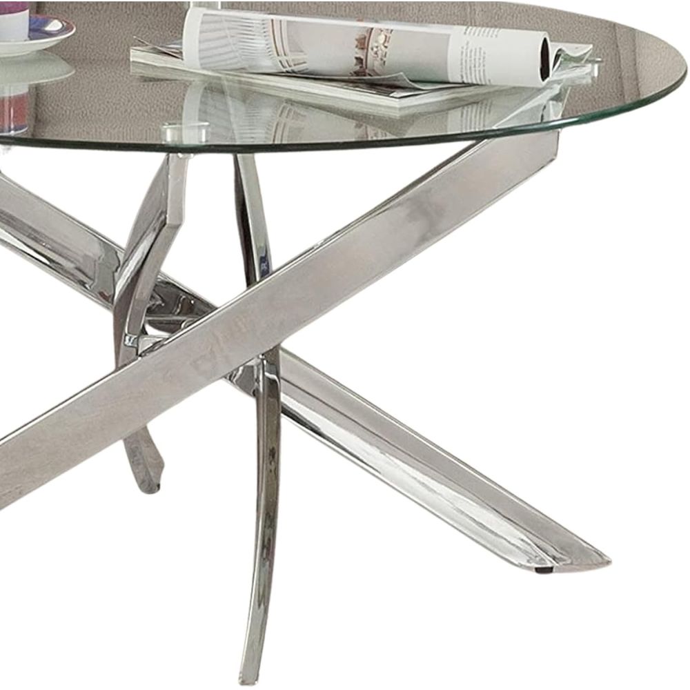 Mesa de Centro Redonda con Tapa de Cristal 8 mm y Patas Metálicas Cruzadas en Acabado Cromo - Mueble Moderno - Medidas 80x40 cm